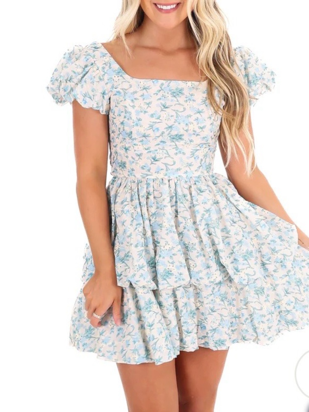 In the Beginning floral tiered bubble hem mini dress smocking puff sleeve M